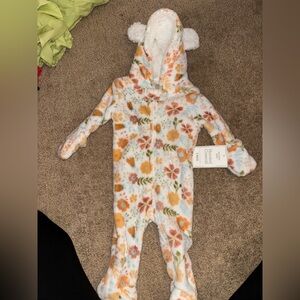 White with flowers, fleece/fuzzy hooded coverall bodysuit size 3m by modern baby